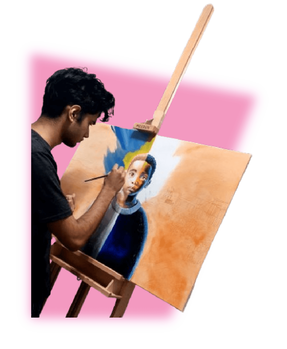 Abhik painting a portrait at an easel